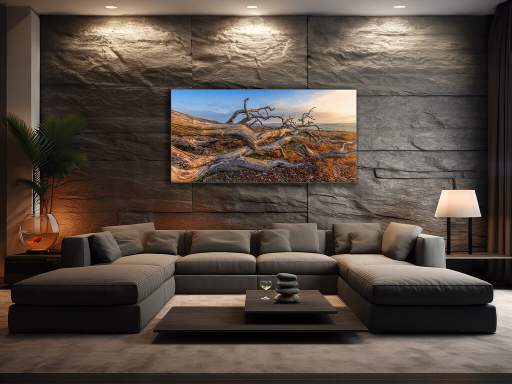 Large picture of an old fallen tree at Bratley View, The New Forest, on a hotel wall.